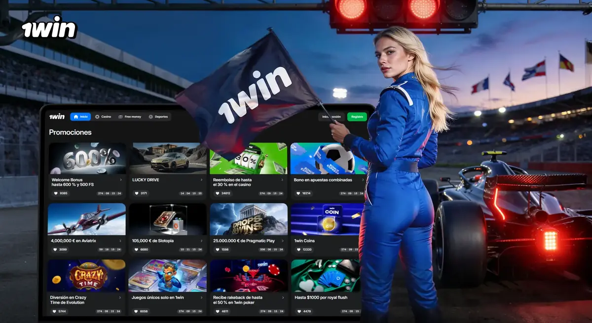 Piloto con bandera de 1win en un circuito y la sección de promociones en una laptop