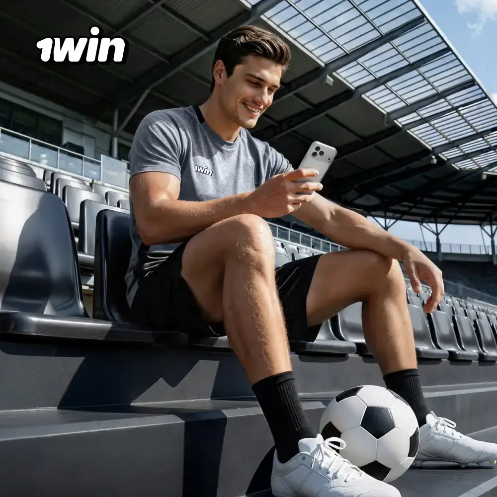 Aficionado en un estadio consulta 1win Markets en su celular junto a un balón