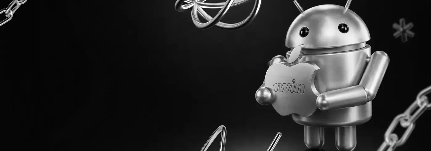 Figura cromada del robot de Android con el logo de 1win y cadenas metálicas